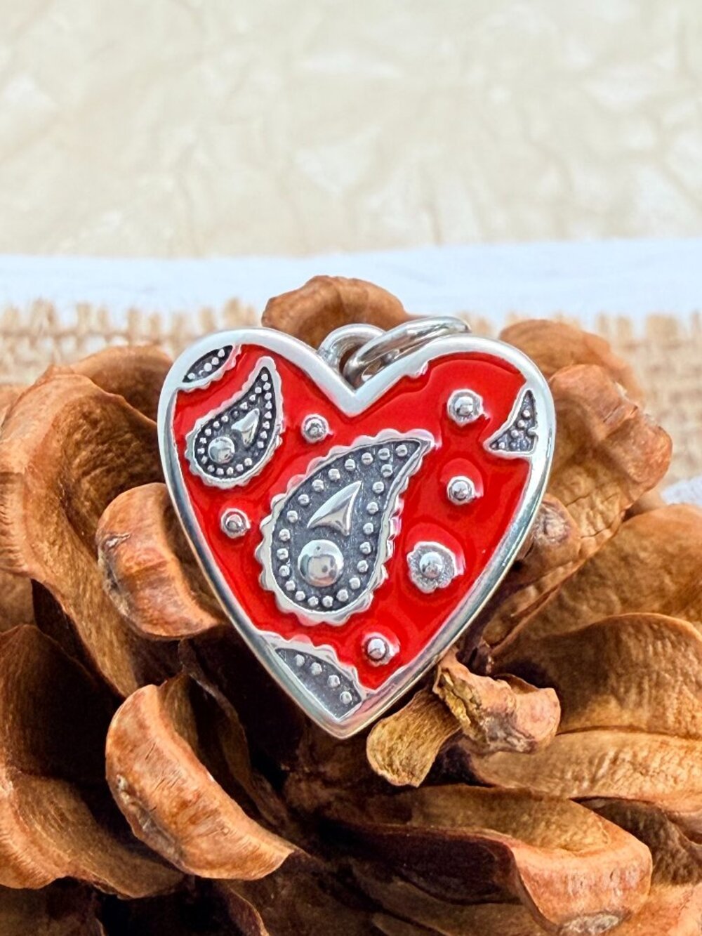 James Avery Red Enamel Western Bandana Heart Charm Sterling Silver